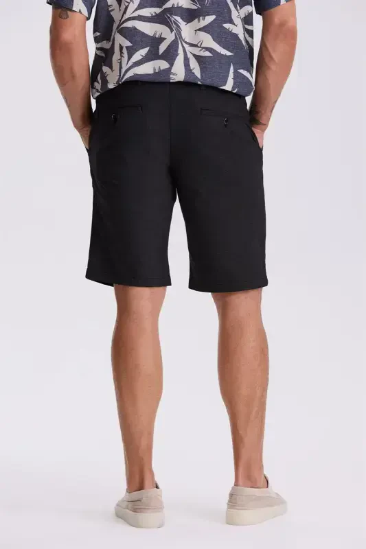 Black Comfort Fit Linen Textured Relaxed Cotton Shorts - 4