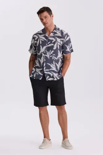 Black Comfort Fit Linen Textured Relaxed Cotton Shorts 