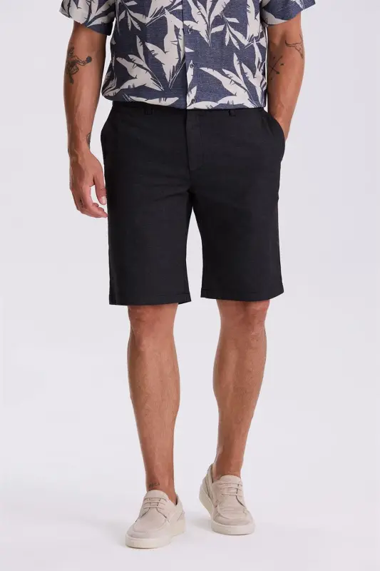 Black Comfort Fit Linen Textured Relaxed Fit Cotton Shorts - 1
