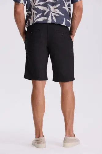 Black Comfort Fit Linen Textured Relaxed Fit Cotton Shorts - 4