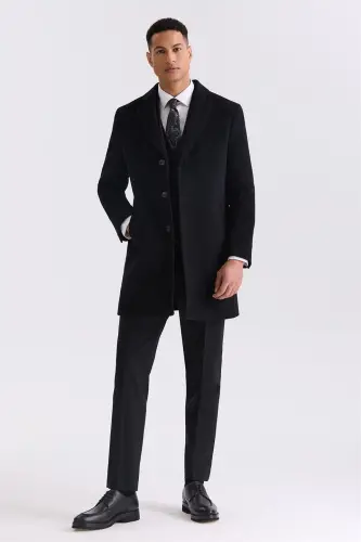 Black Comfort Fit Mono Collar Side Pocket Wool Coat - JAKAMEN (1)