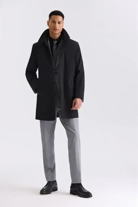 Black Comfort Fit Nehru Collar Concealed Button Down Jacket - 1