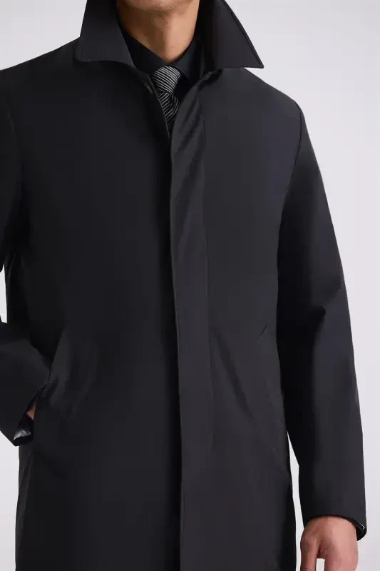 Black Comfort Fit Nehru Collar Concealed Button Down Jacket - 2