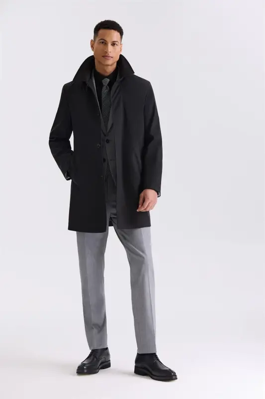 Black Comfort Fit Nehru Collar Concealed Button Down Jacket - JAKAMEN