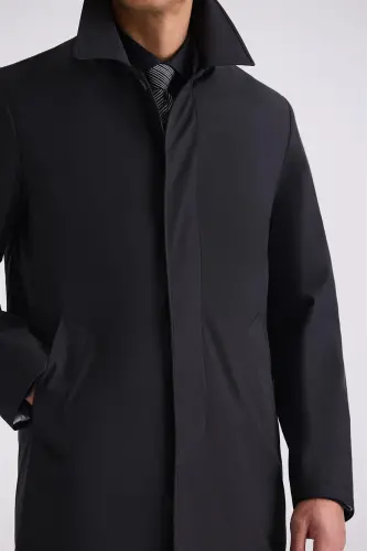 Black Comfort Fit Nehru Collar Concealed Button Down Jacket - 2