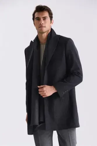 Black Comfort Fit Notch Lapel Herringbone Wool Cashmere Coat 