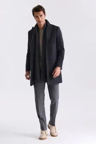Black Comfort Fit Notch Lapel Herringbone Wool Cashmere Coat - JAKAMEN (1)