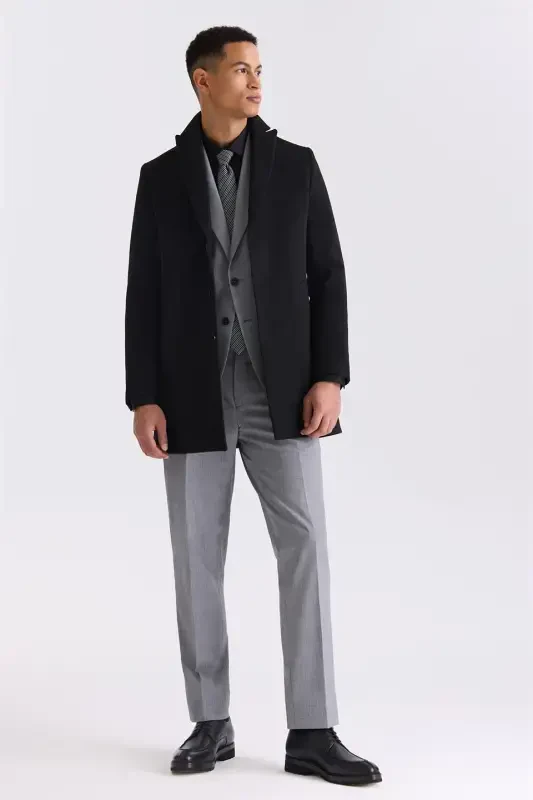 Black Comfort Fit Peak Lapel Cashmere Coat - 2