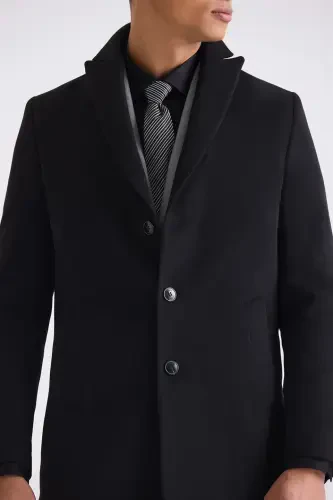 Black Comfort Fit Peak Lapel Cashmere Coat - 3
