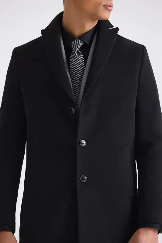 Black Comfort Fit Peak Lapel Cashmere Coat - 3