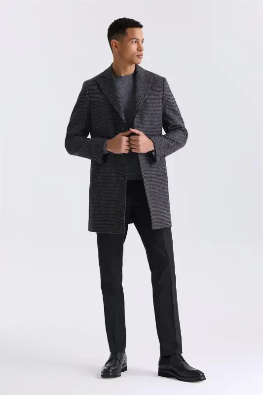 Black Comfort Fit Peak Lapel Check Pattern Wool Cashmere Coat - 1