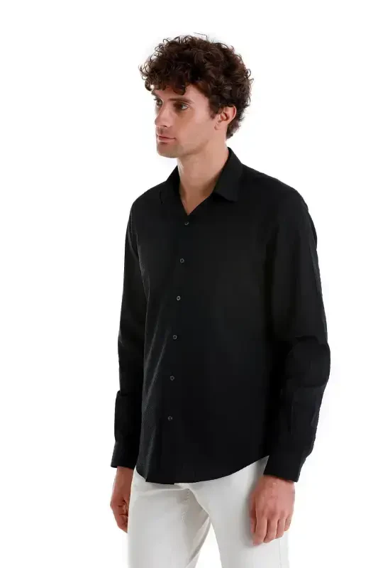 Black Comfort Fit Plain 100% Cotton Slim Collar Long Sleeve Sports Shirt-Black01 - 2