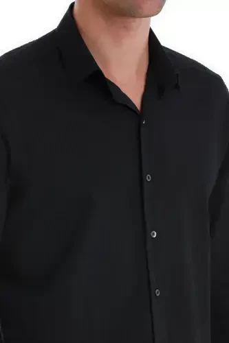 Black Comfort Fit Plain 100% Cotton Slim Collar Long Sleeve Sports Shirt-Black01 - 4