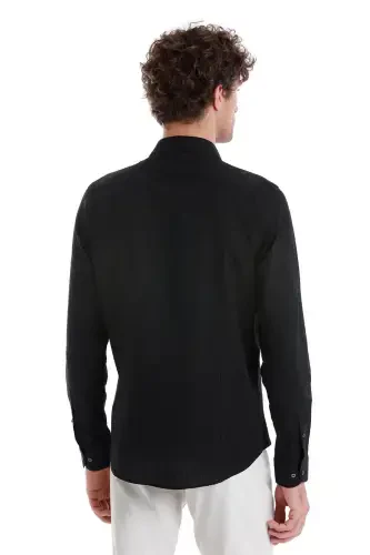 Black Comfort Fit Plain 100% Cotton Slim Collar Long Sleeve Sports Shirt-Black01 - 5
