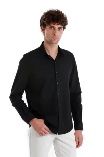 Black Comfort Fit Plain 100% Cotton Slim Collar Long Sleeve Sports Shirt-Black01 - 6
