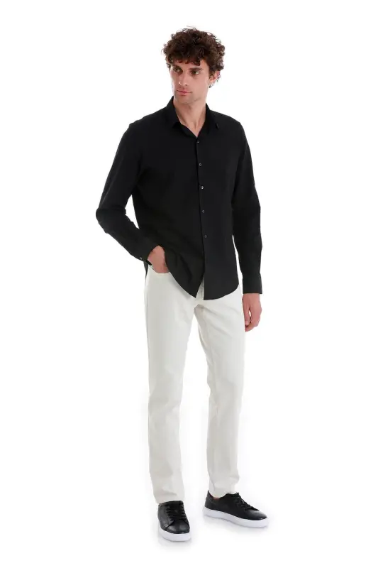 Black Comfort Fit Plain 100% Cotton Slim Collar Long Sleeve Sports Shirt-Black01 - 1