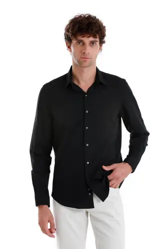 Black Comfort Fit Plain 100% Cotton Slim Collar Long Sleeve Sports Shirt-Black01 - 3