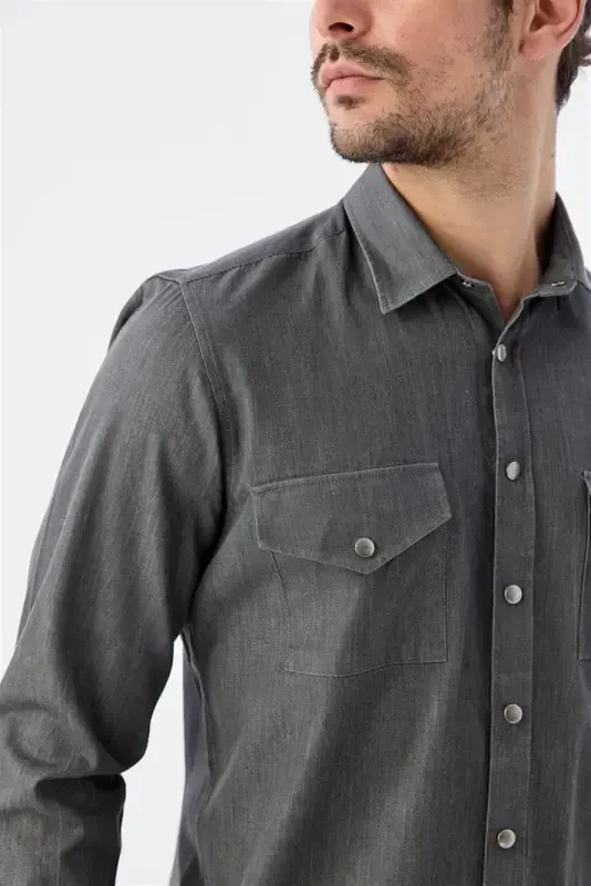 Black Comfort Fit Pocket Button-Down 100% Cotton Denim Shirt - 3