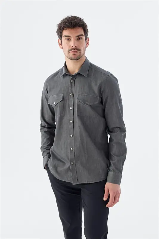 Black Comfort Fit Pocket Snap Button 100% Cotton Denim Shirt - JAKAMEN