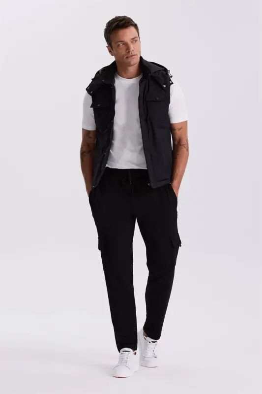 Black Comfort Fit Pockets Hooded Relaxed Fit Safari Vest - 2
