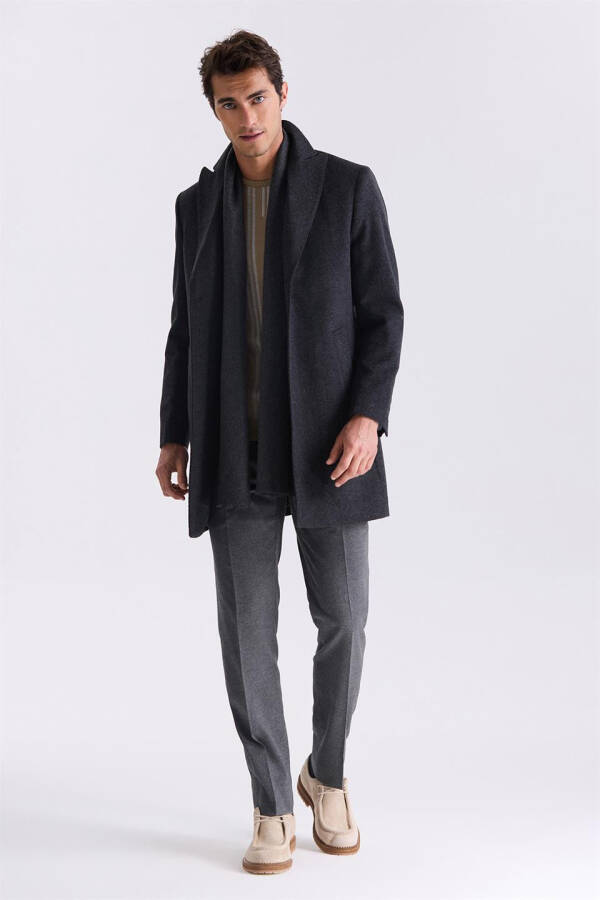 Black Comfort Fit Pointed Collar Fishtail Patterned Wool Cashmere Coat - 6