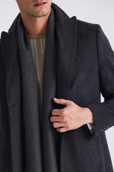 Black Comfort Fit Pointed Collar Fishtail Patterned Wool Cashmere Coat - 7