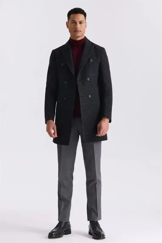 Black Comfort Fit Pointed Collar Plaid Pattern Wool Coat - 2