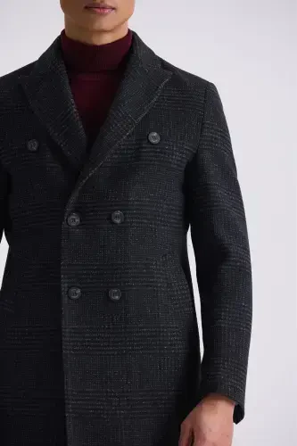 Black Comfort Fit Pointed Collar Plaid Pattern Wool Coat - 3