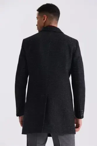 Black Comfort Fit Pointed Collar Plaid Pattern Wool Coat - 4