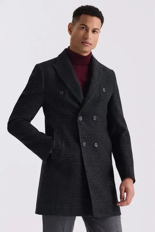 Black Comfort Fit Pointed Collar Plaid Patterned Wool Coat - JAKAMEN