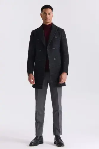 Black Comfort Fit Pointed Collar Plaid Patterned Wool Coat - JAKAMEN (1)