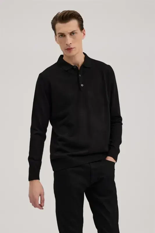 Black Comfort Fit Polo Neck Wool Knit - 1