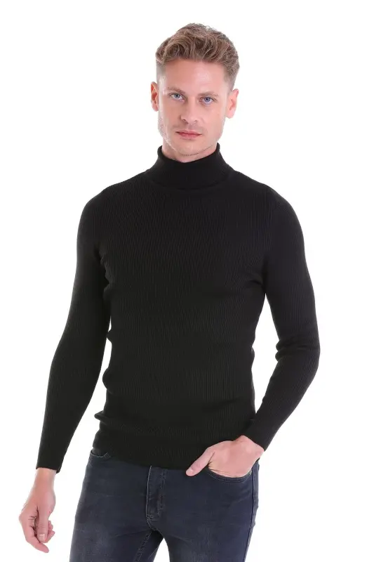 Black Comfort Fit Ribbed Turtleneck Woolen Wool K - 2
