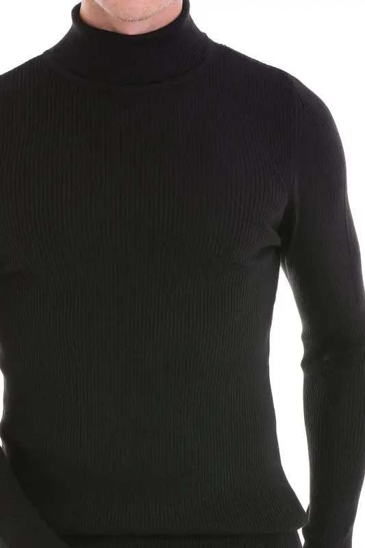 Black Comfort Fit Ribbed Turtleneck Woolen Wool K - 5