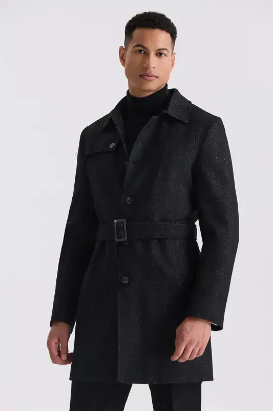 Black Comfort Fit Shawl Collar Herringbone Belted Wool Coat - 1