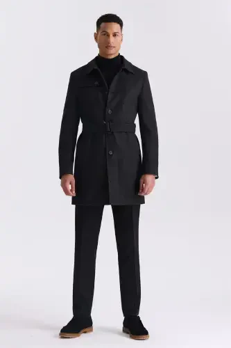 Black Comfort Fit Shawl Collar Herringbone Belted Wool Coat - JAKAMEN (1)