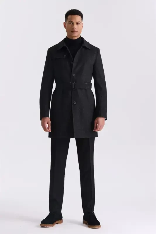 Black Comfort Fit Shawl Collar Herringbone Belted Wool Coat - 2