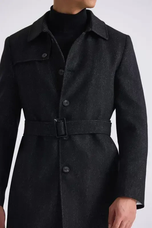 Black Comfort Fit Shawl Collar Herringbone Belted Wool Coat - 3