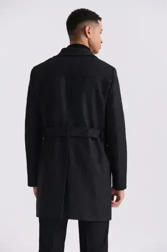Black Comfort Fit Shawl Collar Herringbone Belted Wool Coat - 4
