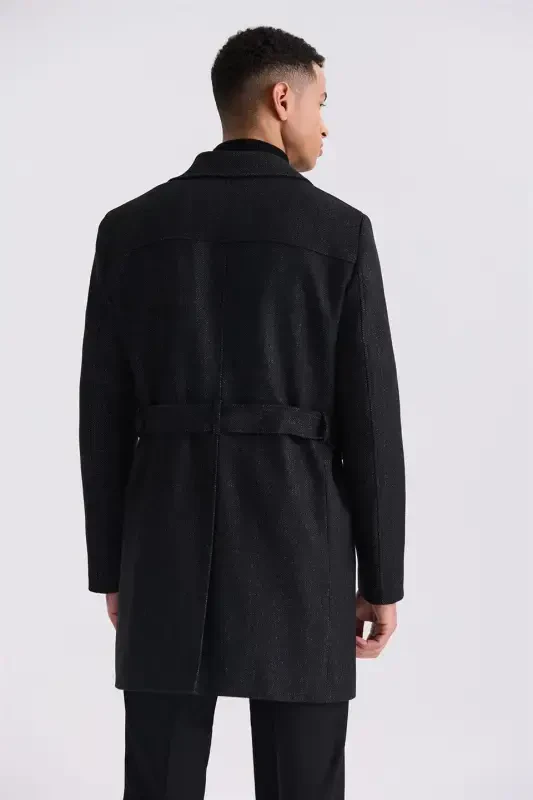 Black Comfort Fit Shawl Collar Herringbone Belted Wool Coat - 4