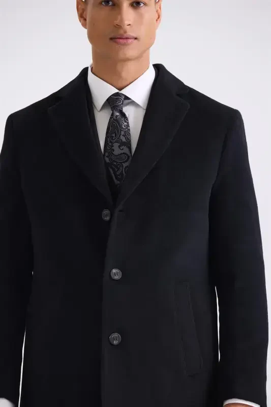 Black Comfort Fit Single Breasted Side Pocket Wool Coat - 3