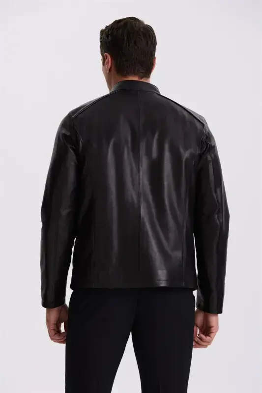 Black Comfort Fit Stand Collar 100% Leather Jacket - 1