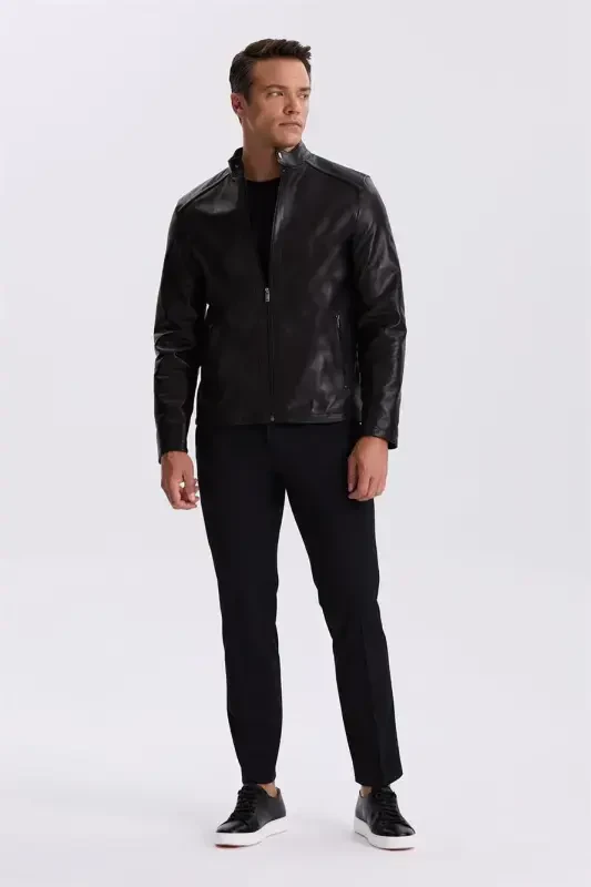 Black Comfort Fit Stand Collar 100% Leather Jacket - 2