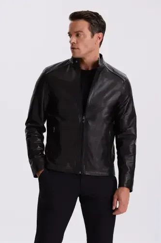 Black Comfort Fit Stand Collar 100% Leather Jacket - 3