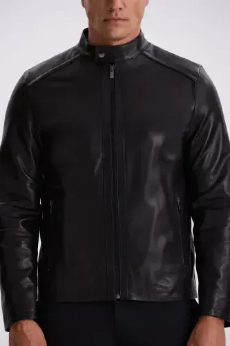 Black Comfort Fit Stand Collar 100% Leather Jacket - 4