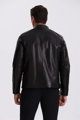 Black Comfort Fit Stand Collar 100% Leather Jacket - 1