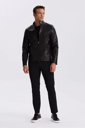 Black Comfort Fit Stand Collar 100% Leather Jacket - 2