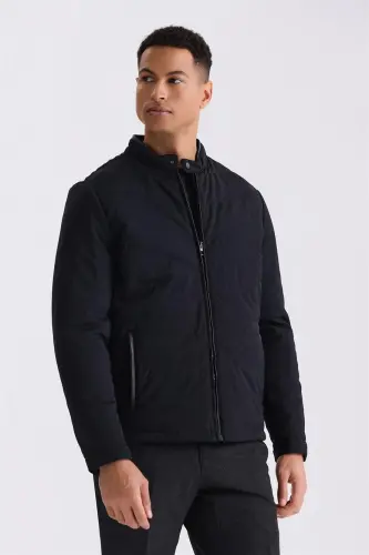 Black Comfort Fit Stand Collar Zip-Front Seasonal Jacket 