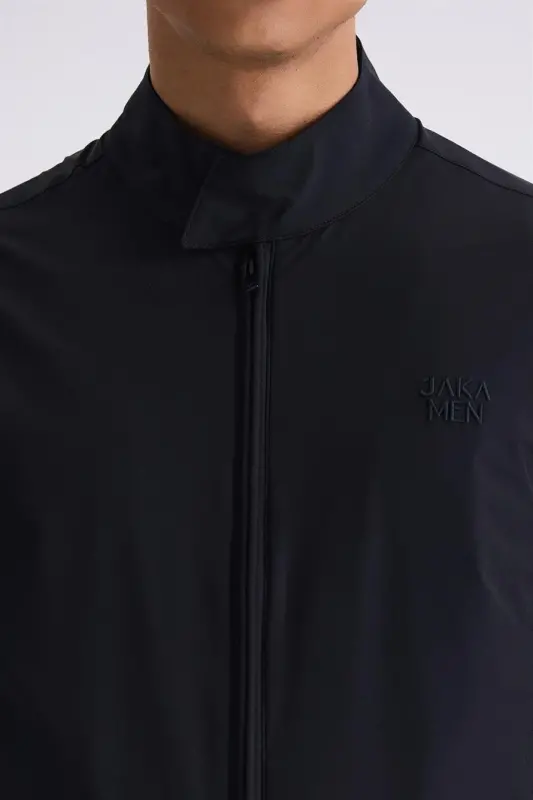 Black Comfort Fit Stand Collar Zip Front Transitional Jacket - 3