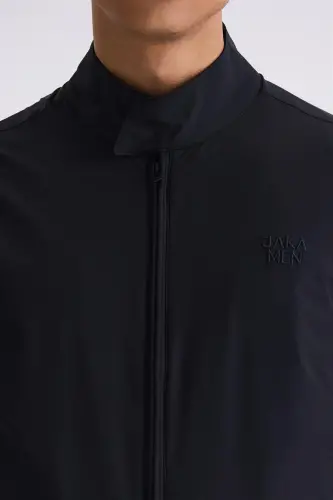 Black Comfort Fit Stand Collar Zip Front Transitional Jacket - 3